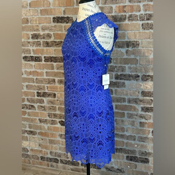 NEW $195 laundry by Shelli Segal geometric lace royal blue knee length dress s 2 - Picture 5 of 12